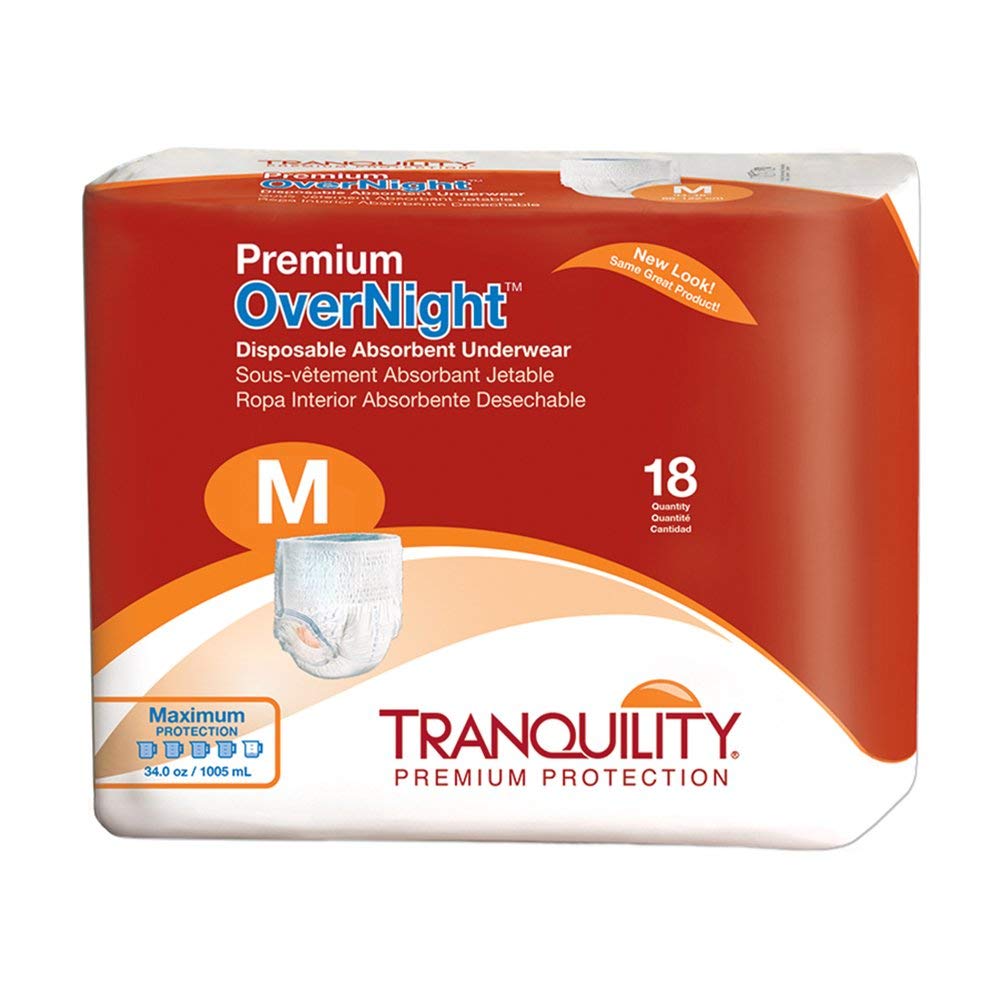 Tranquility Premium OverNight Disposable Absorbent Underwear (72 Count) - M, 34-48 in. Waist - Maximum Absorbency, All-Night Sleep, Breathable Comfort, 72 Adult Diapers