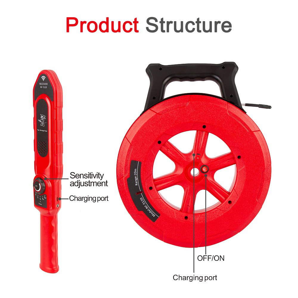 Pipe Blockage Detector, Water Pipe Locator Underground Diagnostic-Tool Wall Scanner Pipeline Blocking Clogging Scanner Plumbers Instrument For Metal PVC Water Pipes (30M)
