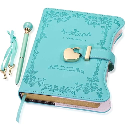 Hoci Poci Diary with Lock and Keys for Girls Gift Ideas, 360 Gold Edged Pages Journal for Women, B6 Refillable Notebook for Writing with Pen and Bookmark (Garden Turquoise)