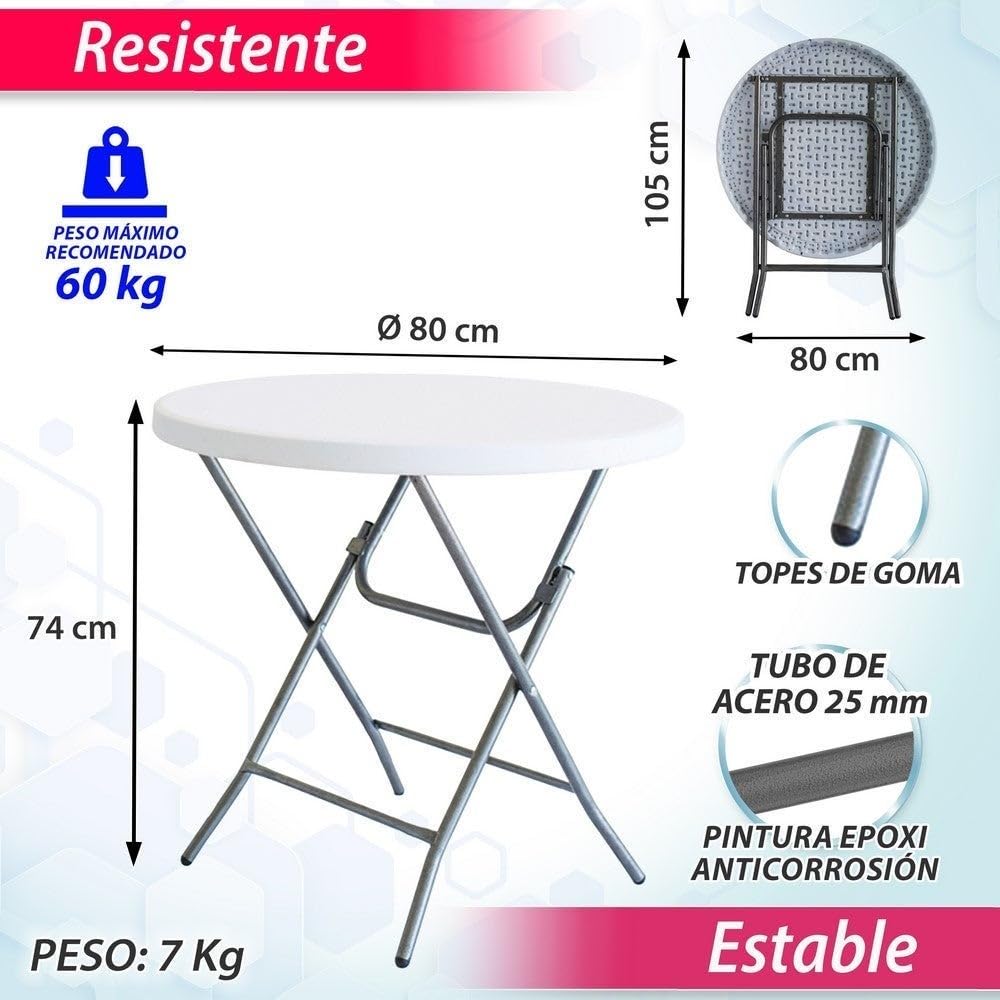 LOLAhome Mesa Plegable, de Acero Anticorrosión y HDPE (De Ø 80x74 cm) | Resistente, fácil Transporte, fácil Montaje | Ideal Acampadas, Picnic, Catering, Jardín, Terraza