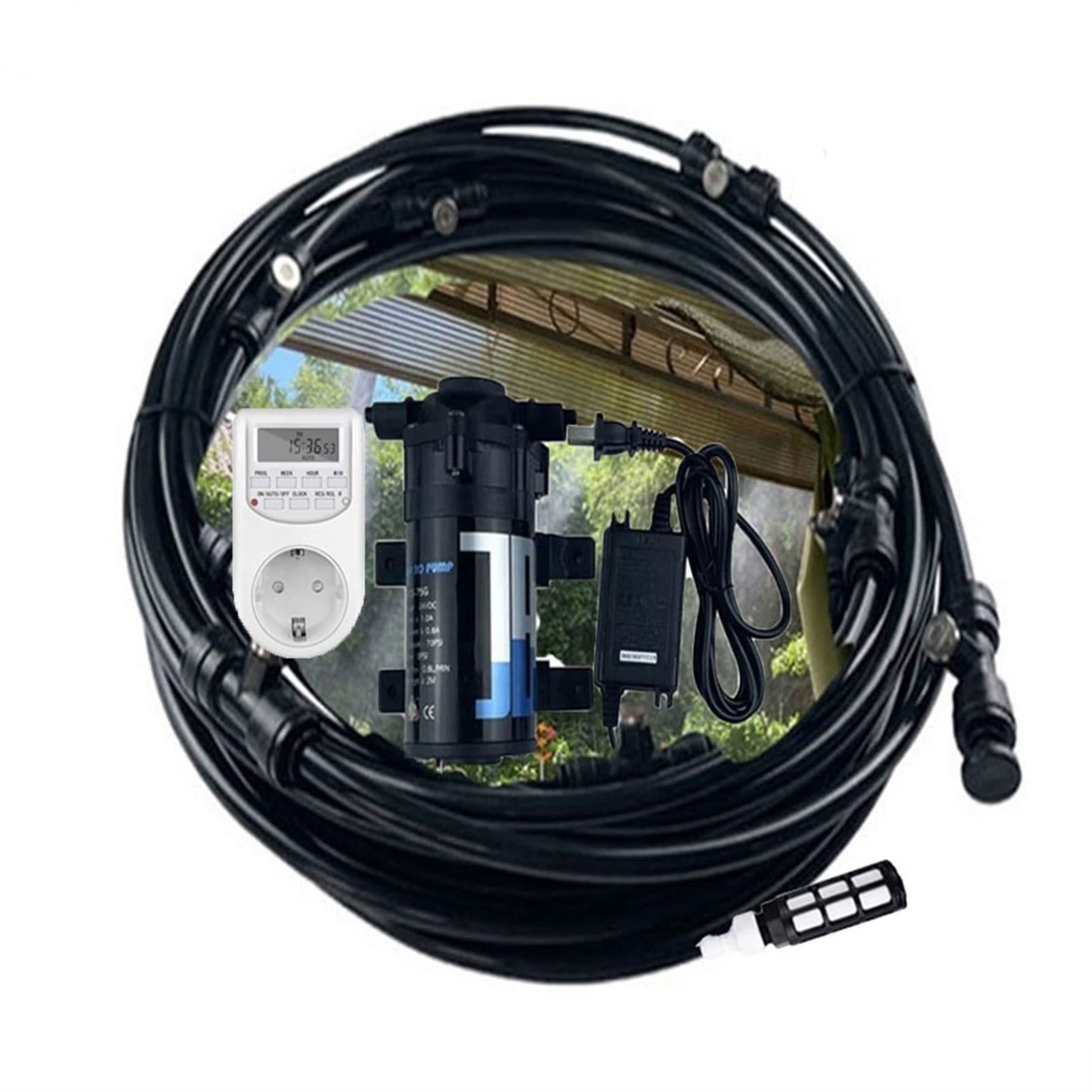 Kit de Sistema de Enfriamiento por Nebulización con 24v Bomba con Temporizador Digital, Sistema de Nebulizacion para Exteriores Terrazas Jardín Patio, Kits de Riego por Goteo para Césped, Flor (Size