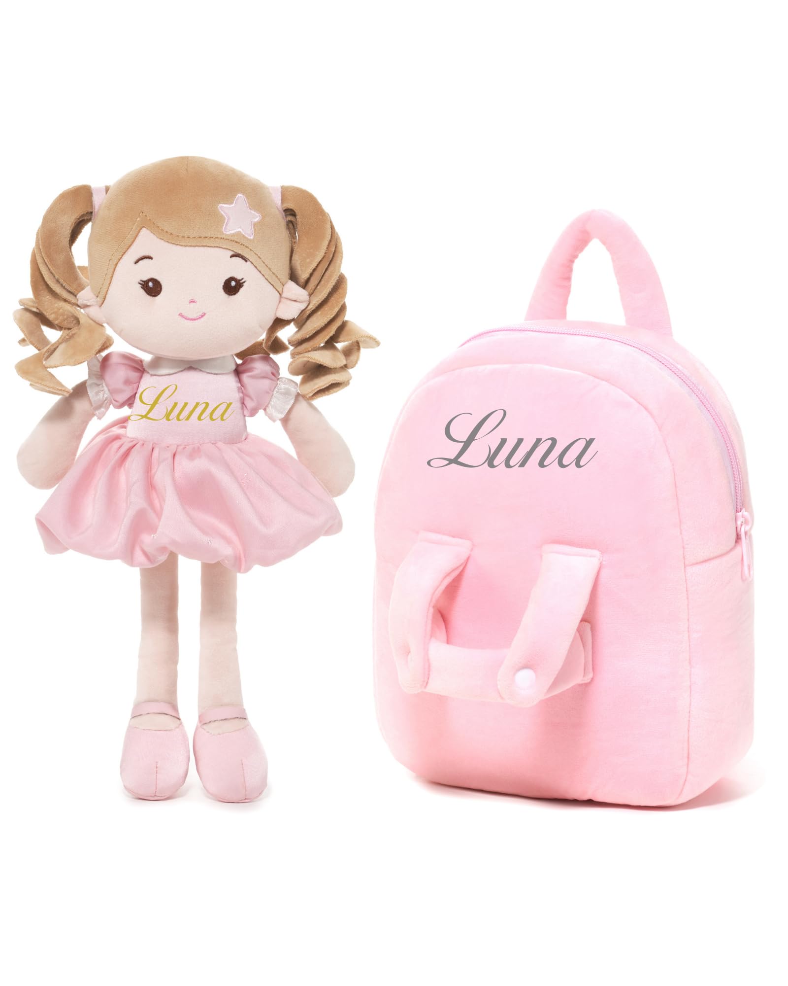 LeyaDoll Personalisiertes, weiches Baby-Puppen-Rucksack-Set, 1 Jahr altes Mädchen, Geschenke | Inklusive pinker Geschenktüte, Schlafenszeit Buddy für Kleinkinder, gesticktes Gesicht und butterweich, maschinenwaschbar