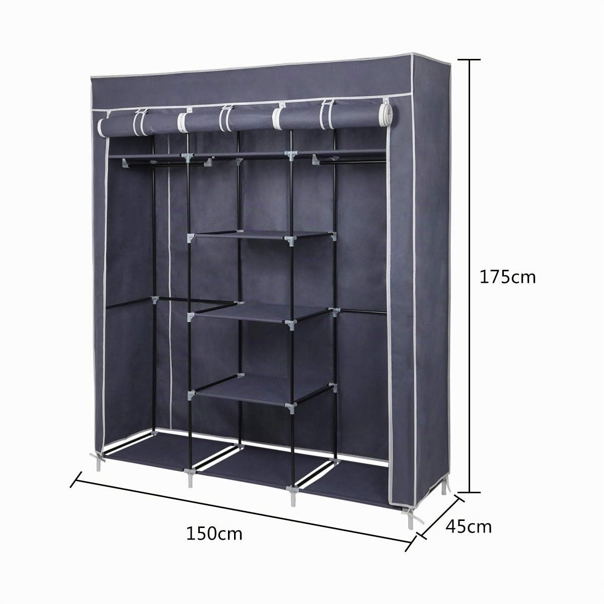 Mondeer Stoffschrank für Schlafzimmer, Kleiderschrank, zusammenklappbar, mit sechs Reißverschlüssen und DREI Türen, schneller Zugriff, 175 x 150 x 45 cm, großes Stauraum, Grau