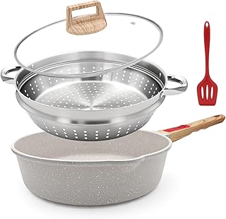11 Inch Nonstick Frying Pan Skillet with Steamer, 4.5 Qt Deep Sauté Pan with Lid, Toxin-Free Steamer Cookware, Removable Handle, Compatible with All Stoves, Oven Safe, White