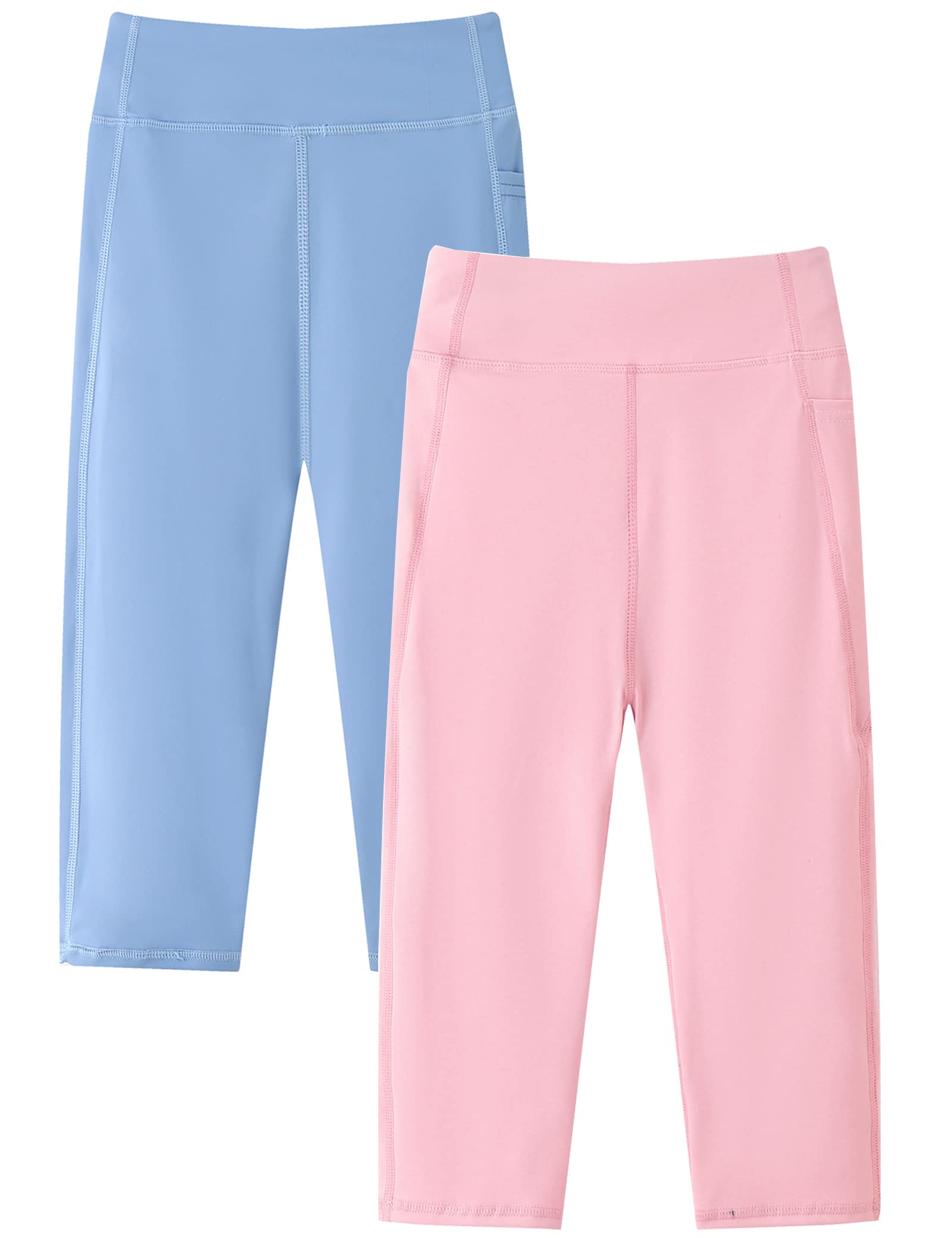 Kiench Leggings para niña con bolsillos 3/4, pantalones de deporte, yoga, capri, 2 unidades