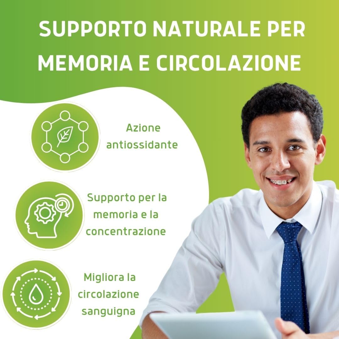 ERBEX - Integratore Ginkgo Biloba Vegano Forte per Prevenire Invecchiamento, Azione Antiossidante, Aiuto Naturale per Memoria e Funzioni Cognitive Ginkgo Biloba in Capsule