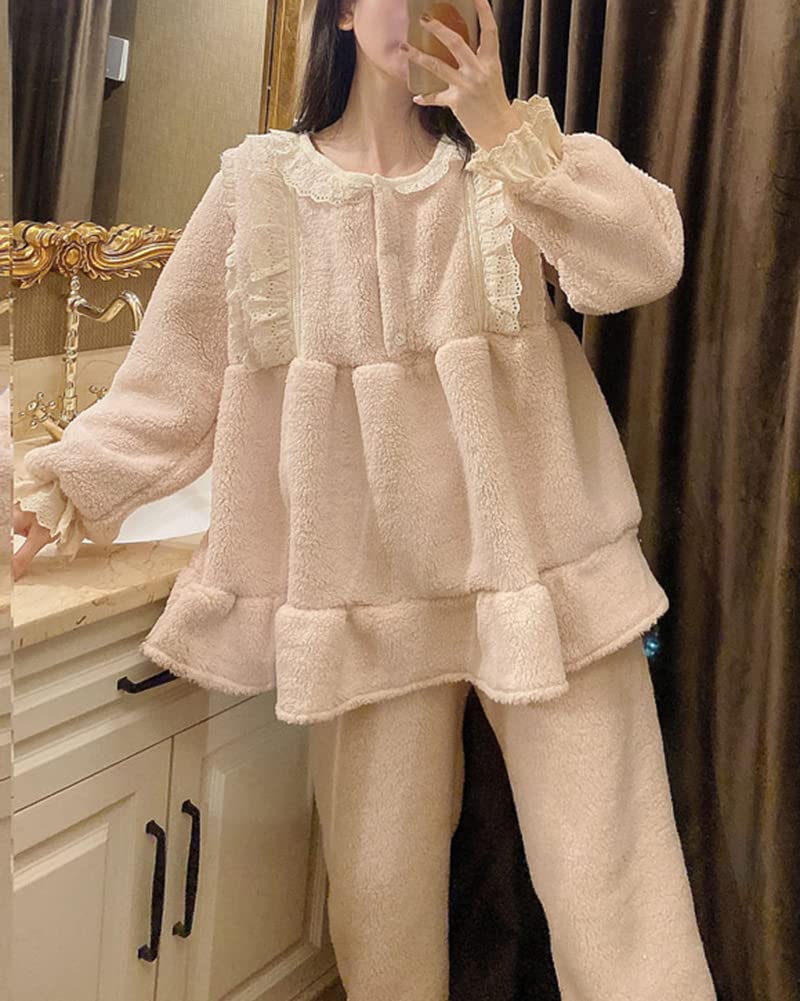 Donna Principessa Vittoriana Carino Dolce Sciolto Pigiama in Pile 2 Pezzi Top e Pantaloni Cozy Flanella Loungewear Sleepwear Tinta Unita Indumenti da Notte Abbigliamento per la casa