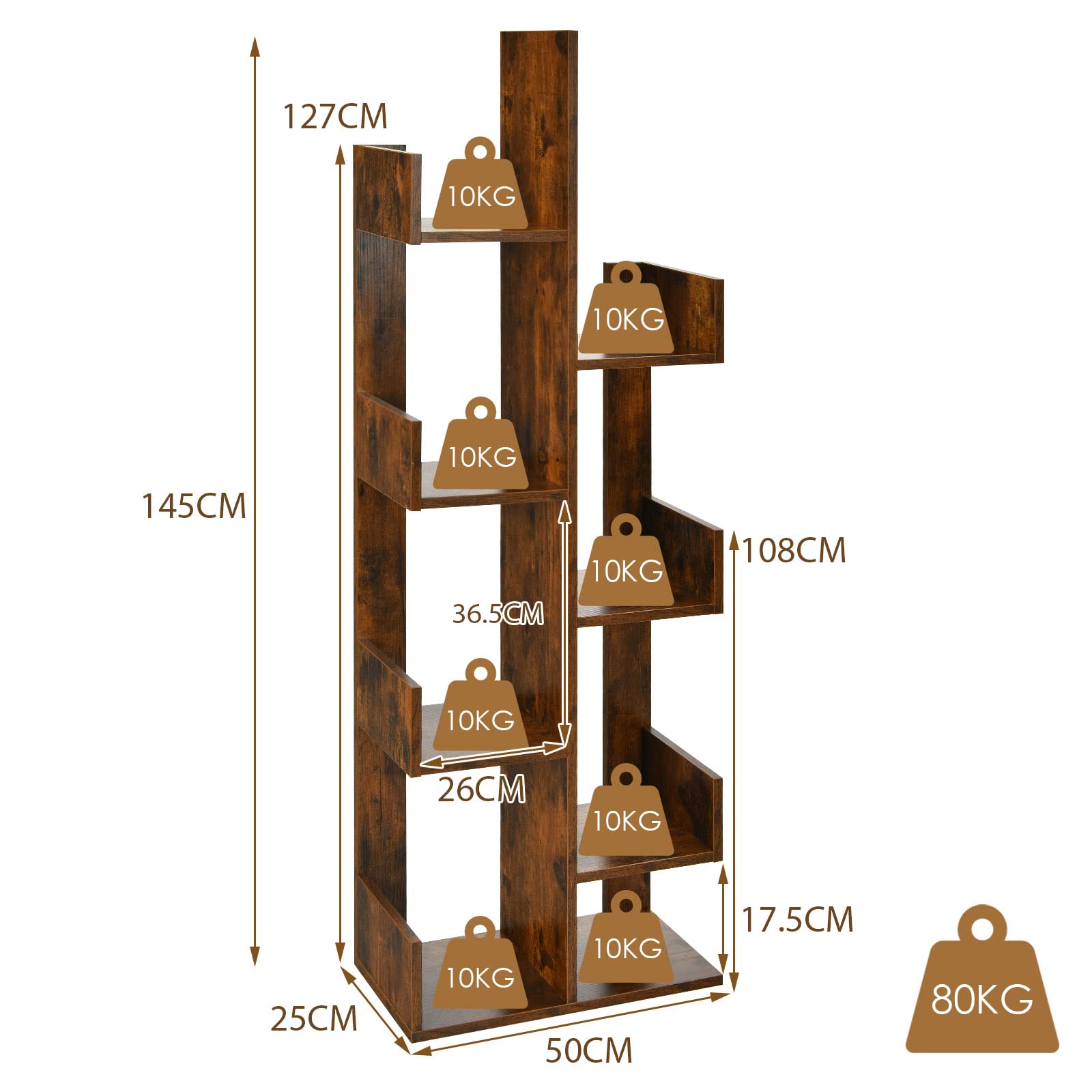 GOPLUS Boekenkast met 8 vakken, boomvormig staand rek, opbergrek, ruimteverdeler, rek voor woonkamer en kantoor, 50 x 25 x 145 cm (wit GOPLUS Boekenkast met 8 vakken, boomvormig staand rek, opbergrek, ruimteverdeler, rek voor woonkamer en kantoor, 50 x 25 x 145 cm (wit