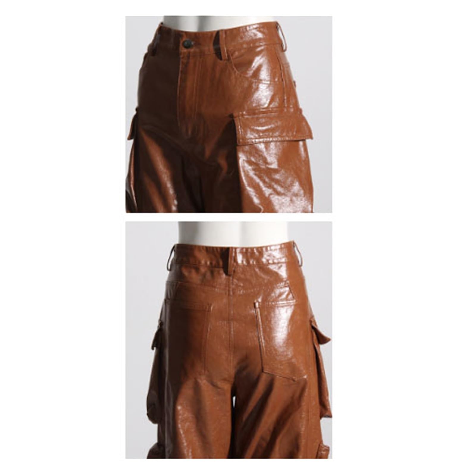 WEITING Frauen Faux PU Leder Hosen Einfarbig Hohe Taille Bein Hosen Mit Taschen Vintage Ästhetische Hosen Streetwear Lederhose