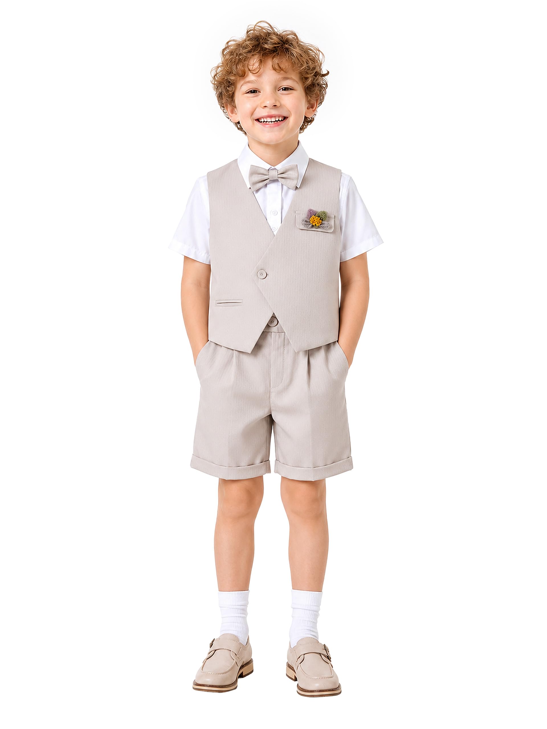 LOLANTA Completo Estivo 6 Pezzi Bambino, Gilet Asimmetrico, Camicia, Pantaloncini, Papillon, Bretelle, Fiore, 4-11 Anni