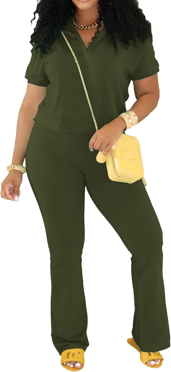 PINSV 2 Piece Sets For Women Casual V Neck Lounge Sets Short Sleeve Top Flare Pants Daily Tracksuit - Image 2