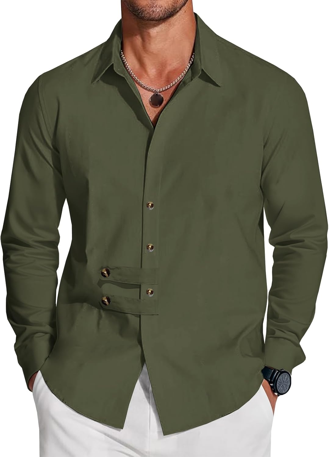 Mens Long Sleeve Shirts Casual Button Down Shirt Men Band Collar Slim Fit Linen Dress Shirts