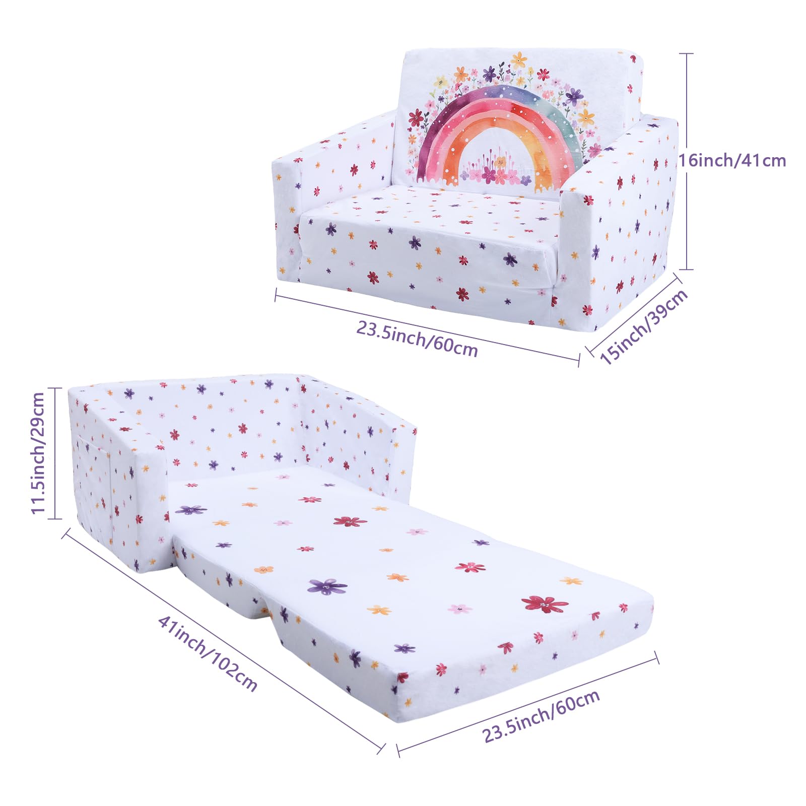 Canapé Pliant pour Enfants Canapé-Lit Convertible 2 en 1, Canapé-Lit pour Bébés Stable Confortable avec Pochette en Tissu, Canapé Chaise Léger pour Chambre à Coucher Salle de Jeux, Arc-en-ciel Fleur