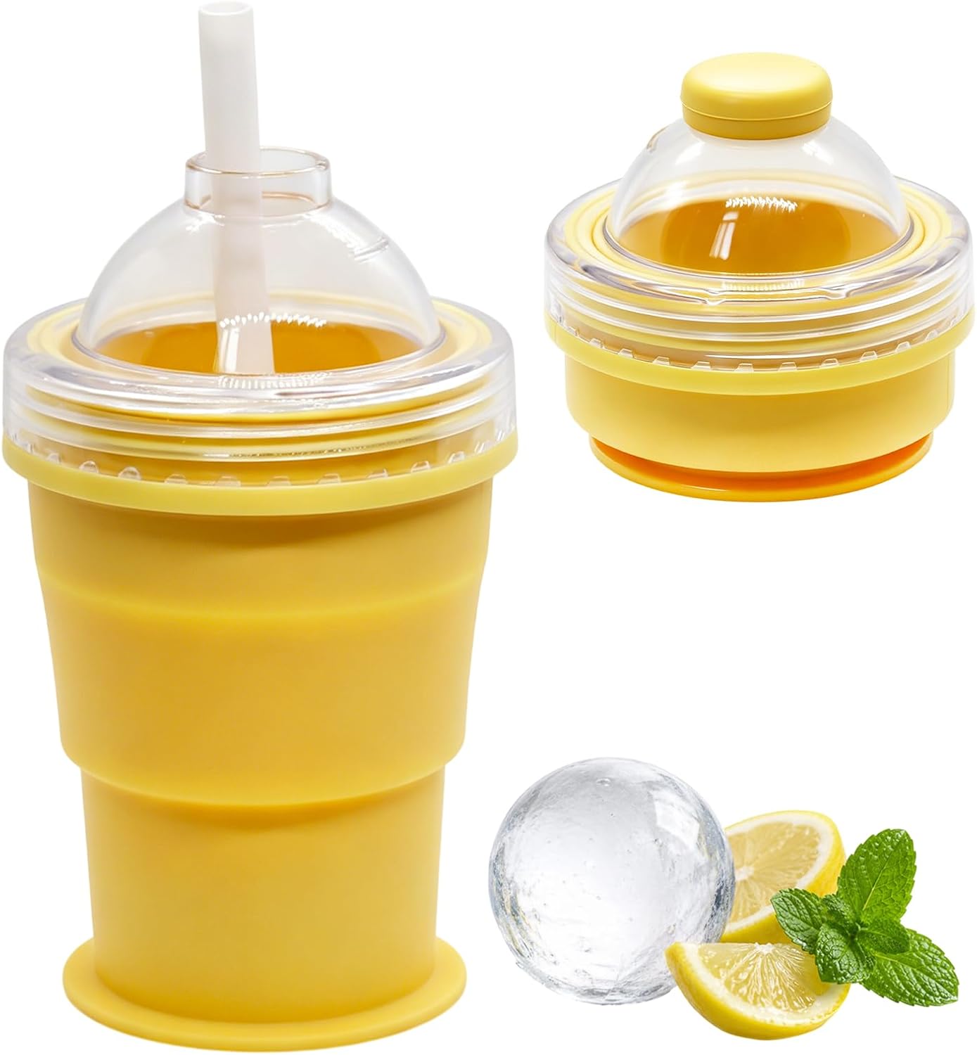 2-in-1 Collapsible Silicone Ice Ball Maker Cup, Foldable Ice Hockey Cup with Straw, Ice Ball Mold, Travel Ice Ball Bottle for Camping, Outdoor(Yellow)
