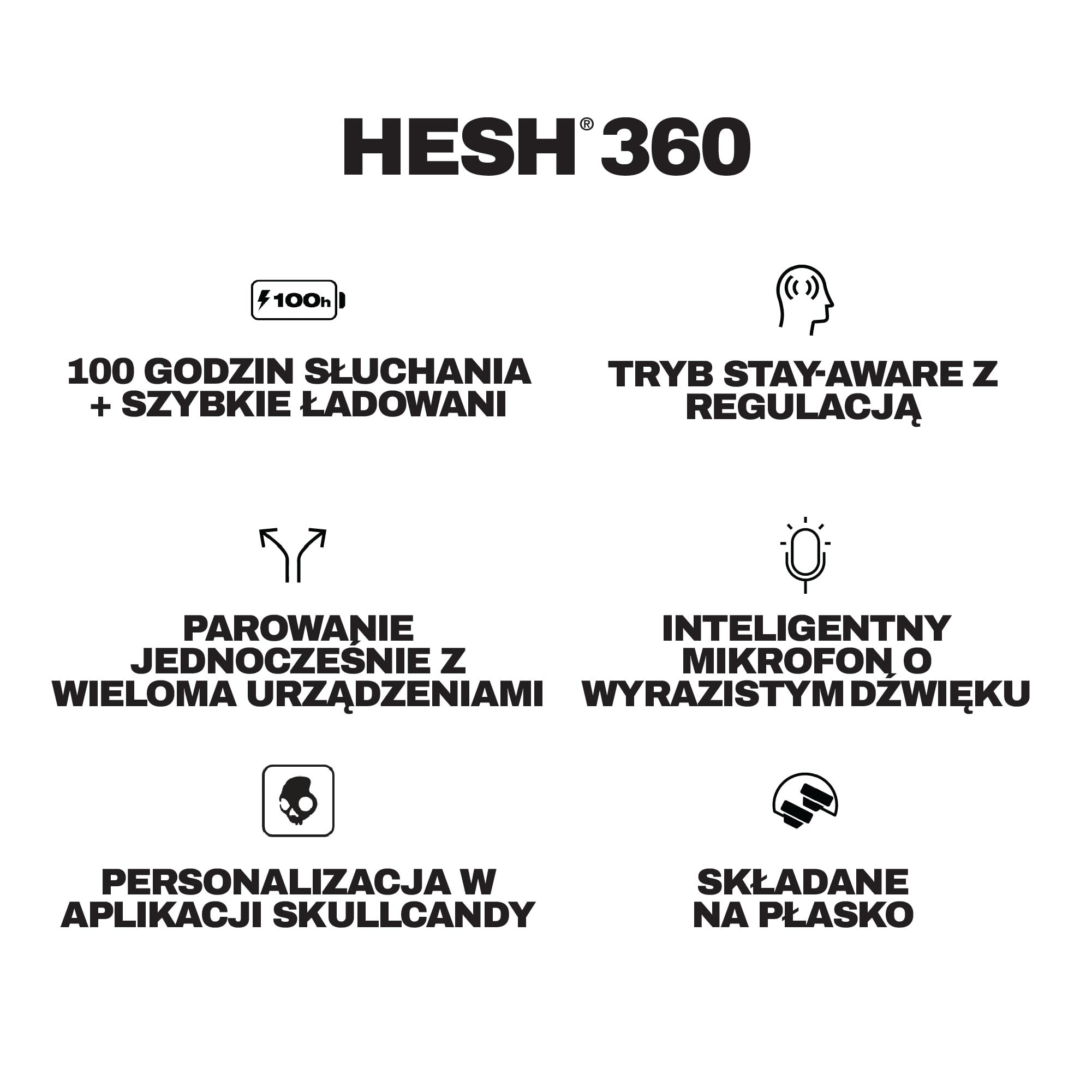 Skullcandy Hesh 360 – bezprzewodowe słuchawki nauszne Bluetooth, do 100 godzin słuchania, konstrukcja wyciszająca hałas, składane na płasko, mikrofon, iPhone, Android - Czarny