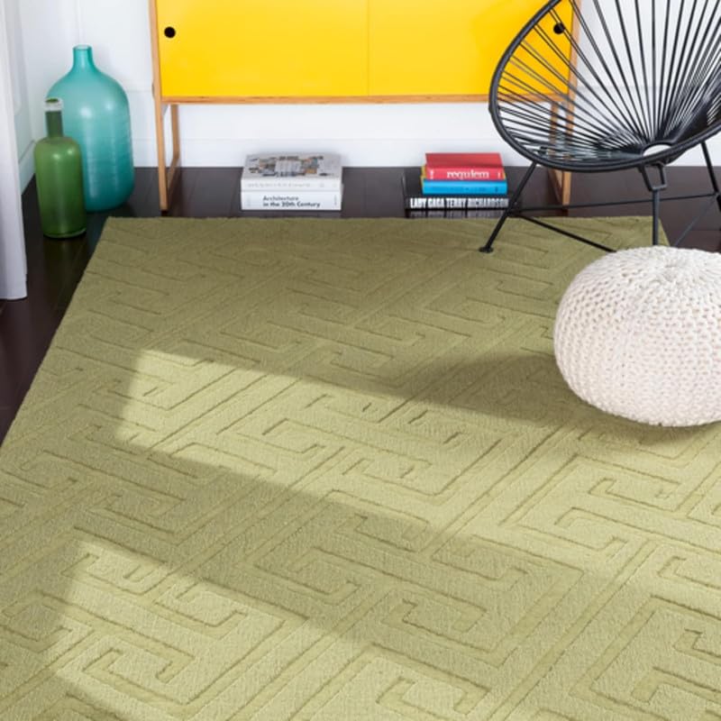 Image of Hand Tufted Modern Design Exported Collection High Low Pattern Wool Carpet for Living Room, Bedroom & Hall (Olive Green, 6 x 9 Feet)