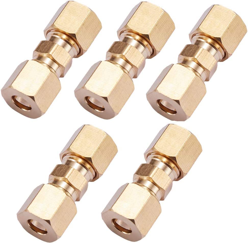 maxair brass compression tube pipe fitting connector, straight coupling adapter heavy duty rust free for copper, brass & m. s. pipe (1/8" inch od x 1/8" inch od)