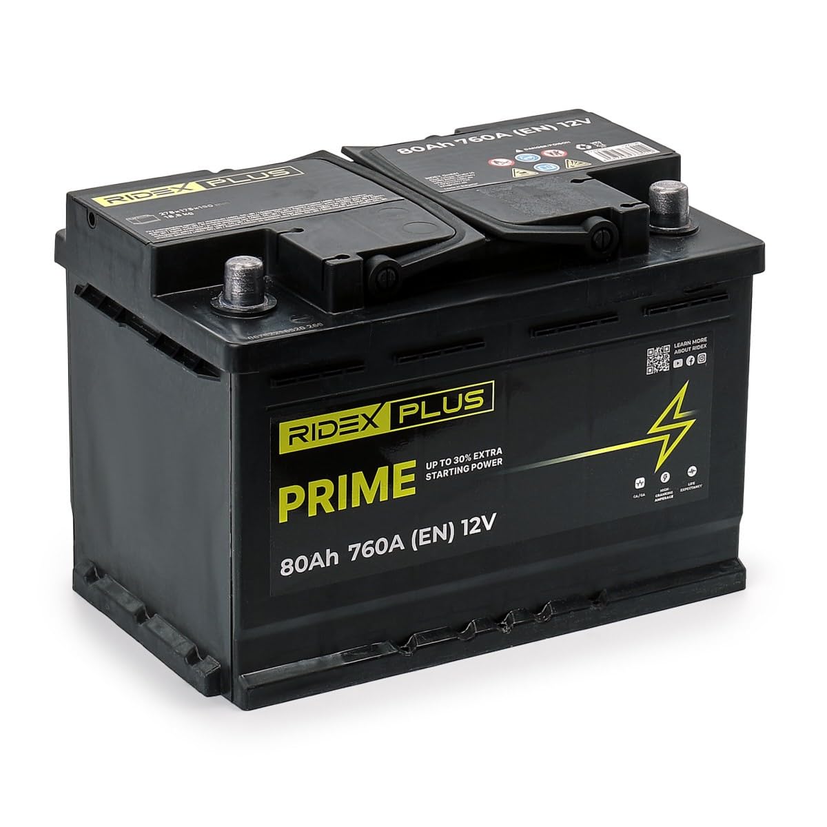 RIDEX PLUS 1S0019P Prime Batería Coche 80Ah 760A 12V B13 DIN/ISO L3 Baterías de Arranque de 75Ah 70Ah Compatible con VW Polo V Hatchback 6R1, 6C1 Golf 7 Hatchback 5G1, BQ1, BE1, BE2, PEUGEOT, SKODA