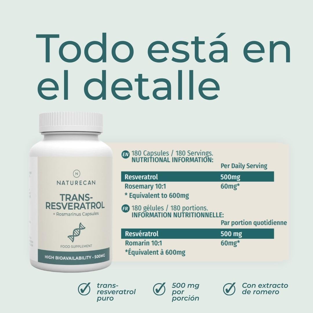 Naturecan Resveratrol y Romero - 500 mg - 60 cápsulas - Suplemento dietético - Fabricado en Europa