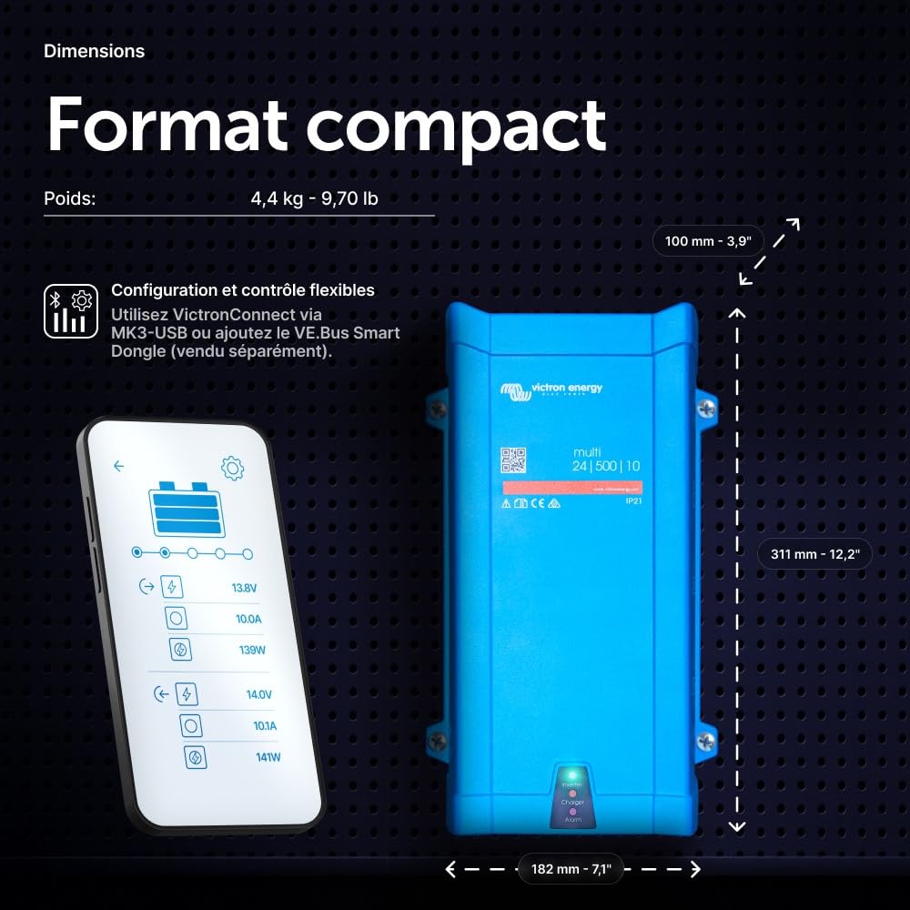 Victron Energy MultiPlus 230V, 500VA 24-Volt Convertisseur à Sinusoïde Pure et Chargeur de Batterie 10 ampères