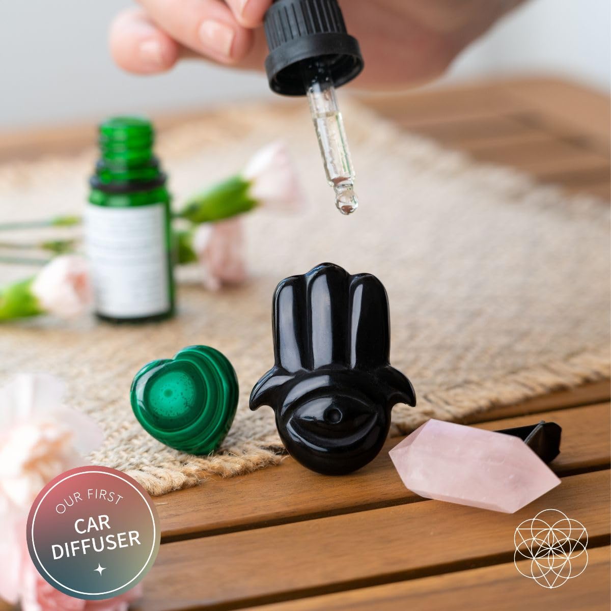 Conscious Items - Hamsa Hand of Safe Travels Aromatherapy Car Kit - Crystal Accessories - Car Charms - Ornament - Vent Accessories - Gifts for Women