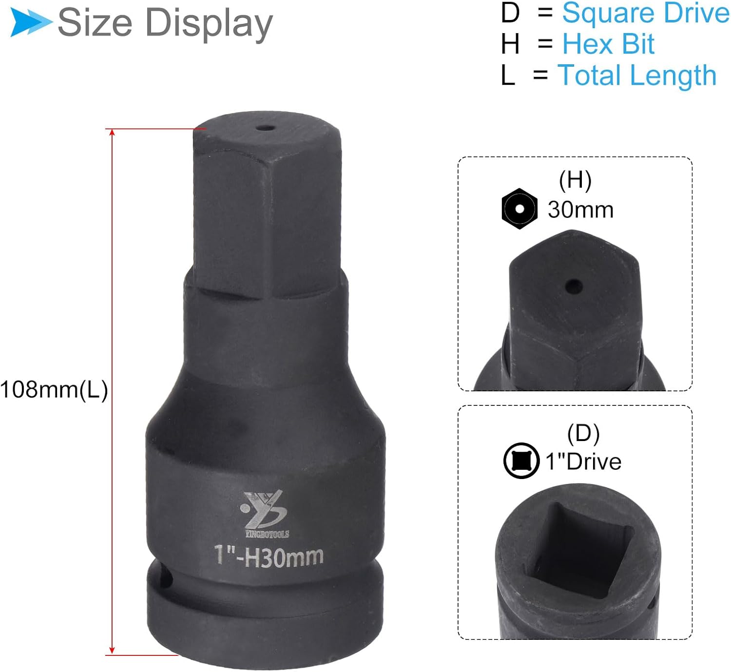 Impact Hex Bit Socket, 30mm Hex Bit 1" Square Drive 108mm Length, CR-MO Chamfer Design Pin Hole Metric Hex Socket - (Applications: for Automotive Electric Repair)