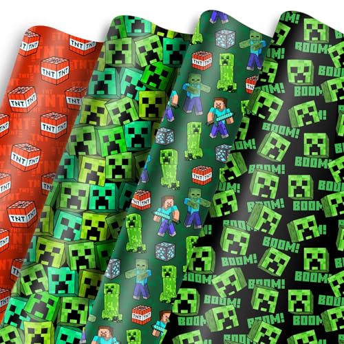 Pixel Style Wrapping Paper Gift Wrap – 8 Sheets, 4 Designs –Gift Packing for Video Game Birthday, Christmas, Holiday Party Supplies – Large 20 x 27 Inch DIY Paper Party Favors for Boys, Girls, Kids, Teens
