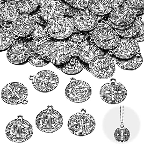 Tudomro 60 Pieces St Benedict Medals 0.94 x 0.79 Inch Christmas Metal Saint Pendant Silver Toned Saint Benedict Protection from Evil Charm Pendant for Women Men Jewelry Making Gifts Cover