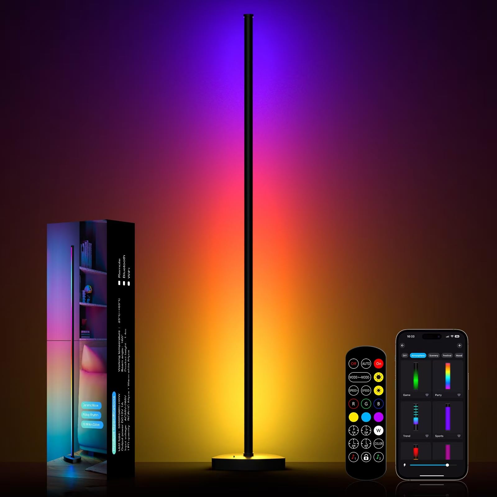 Meewata LED Floor Lamp, RGB Corner Lamp with Music Sync, Colour Changing Standing Lamp with APP & Remote Control