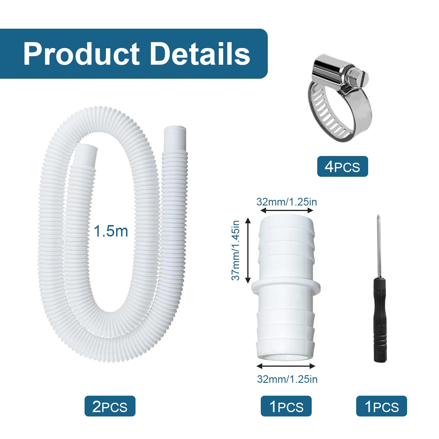 Manguera 32mm Piscina 2 Pezzi Tubo Piscina Manguera de repuesto con 4 Abrazaderas de Metal para Piscinas ElevadasCon adaptador de manguera de 32 mm(150CM) | 150 cm Manguera de repuesto para piscina Intex 330, 530 y 1000 GPH
