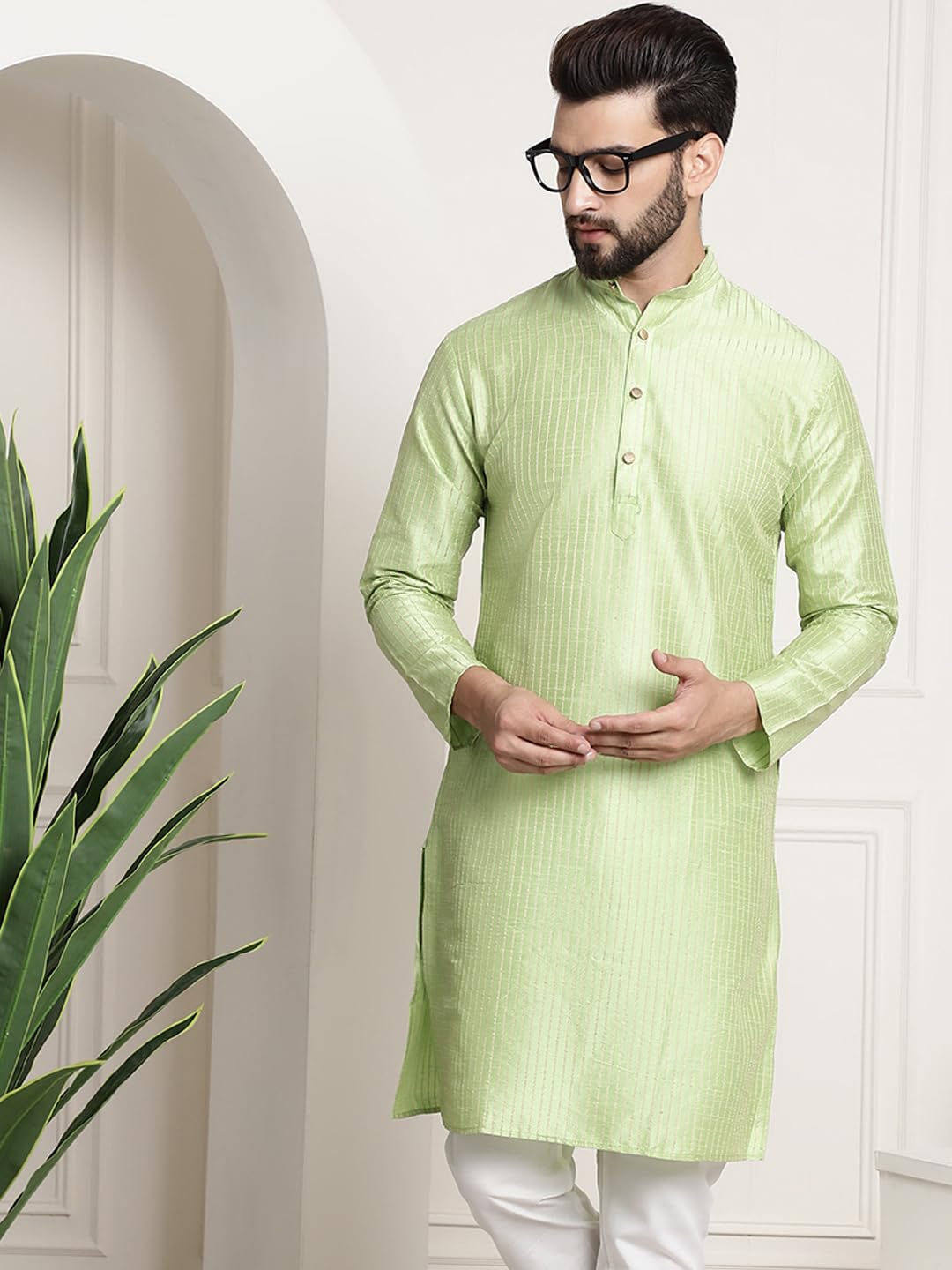 Sojanya (Since 1958 Men's Silk Blend Green Color Striped Design Only Long Kurta