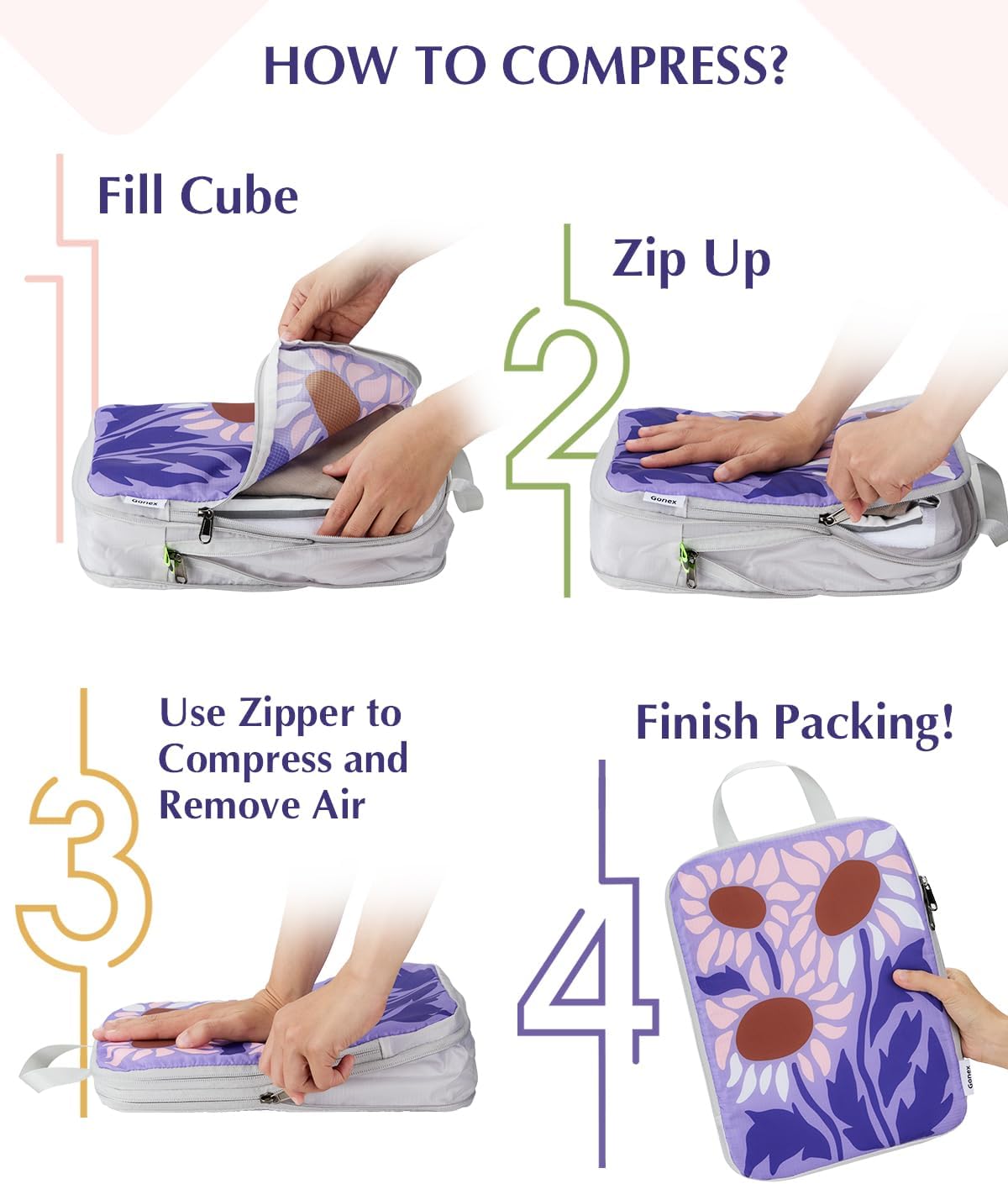 Gonex Compression Packing Cubes, 6pcs Expandable Storage Travel Luggage Bags Organizers with Shoe Bag Laundry Bag, Travel Cubes for Suitcase Carry On (Flowers) - Image 7
