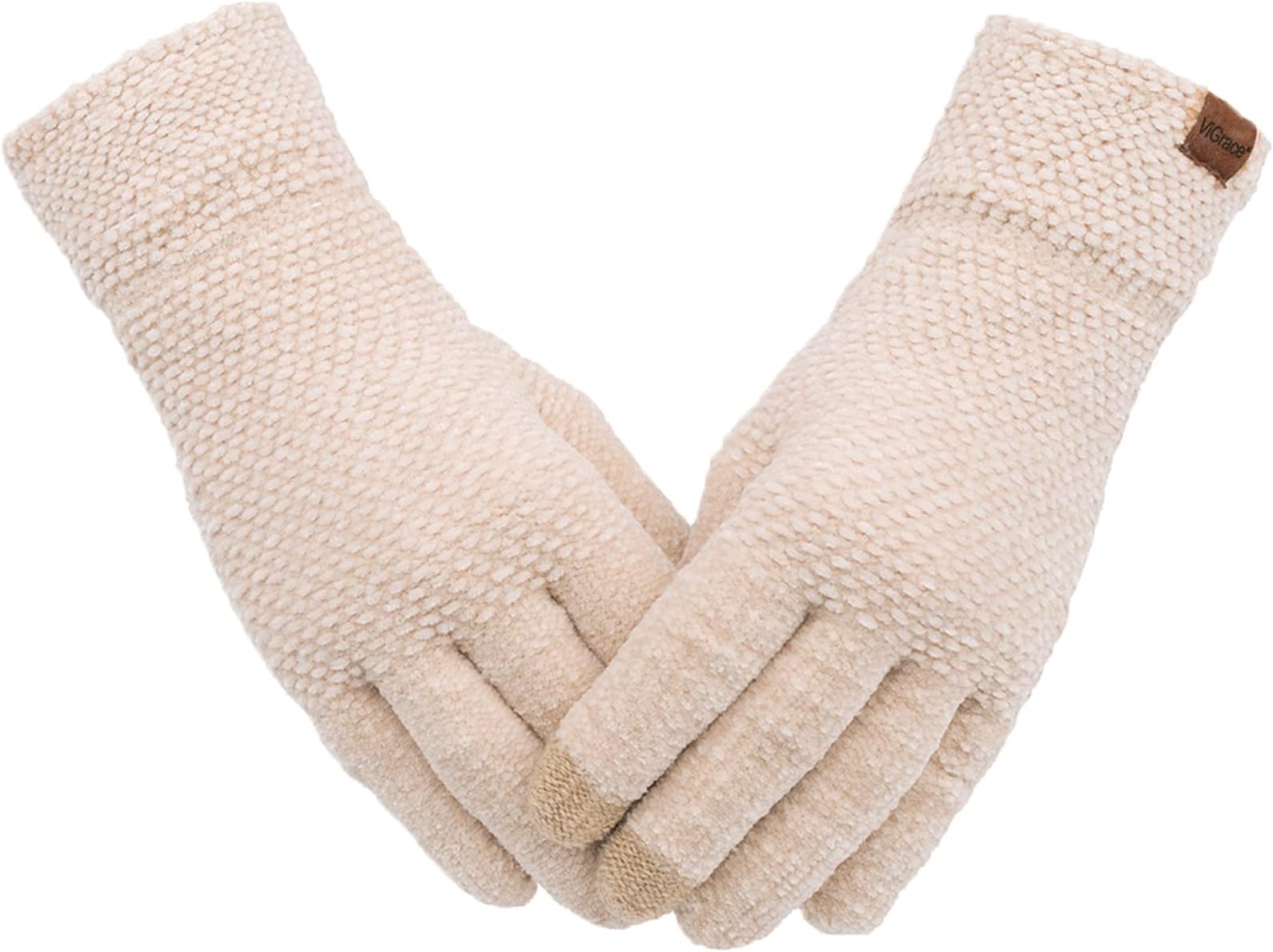Winter Touchscreen Gloves for Women Chenille Warm Knit with 3 Touch Screen Fingers Texting Elastic Cuff Thermal Glove