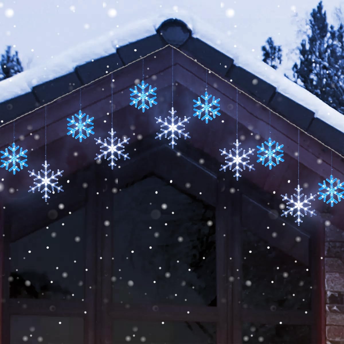 Christmas Snowflake Icicle Lights-9ft 150LED Twinkling Christmas Lights with Timer, Waterproof Connectable Hanging 10 Drop for Eave Window Porch Xmas Indoor Outdoor Decoration (Blue and White)