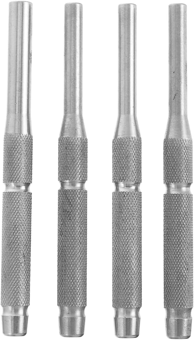 4 Piece Stainless Steel Roll Pin Punch Set with Knurled Grip | Forged Heat Annealed Build, Anti Corrosive Coating, Easy Carry, Silver Finish
