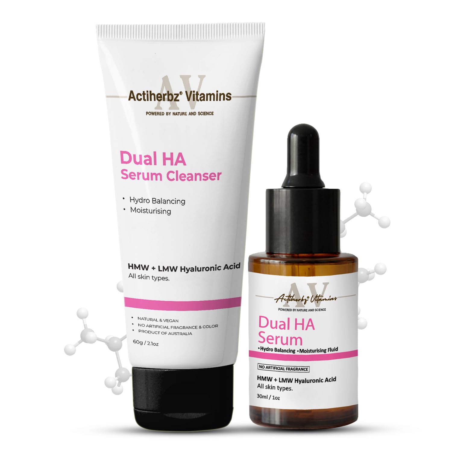 Actiherbz Vitamins Dual HA Face Serum 30ml & Dual HA Serum Cleanser 60ml Combo for Face | LMW + HMW Hyaluronic | Plump Youthful Skin, Hydro Balancing & Deep Moisturizing | All Skin Types | Natural, Vegan-image-2