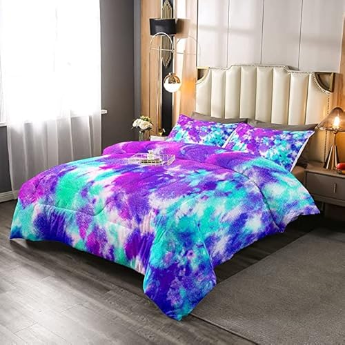 Tie Dye Comforter Set Girls Boho Psychedelic Bedding Set King Size For Kids Teens Women Hippie Tie Dye Comforter Soft Microfiber Bohemian Teal Purple Bedding Duvet Set Girly Room Decor Bedspread #TOP29