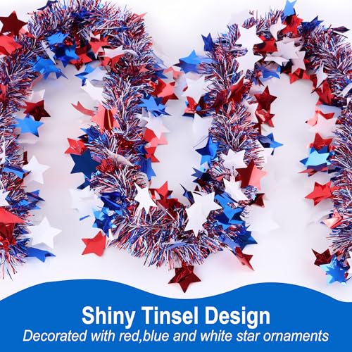 Image of 50FT 4th of July Patriotic Decor Tinsel Garland Decorations, Red White and Blue Star Garlands for Memorial Day Decor Fourth of July Independence Day Indoor Outdoor Yard Home Party Decor Supplies