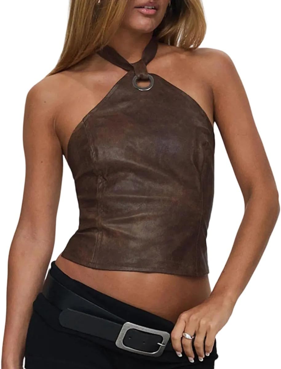 Women Y2K PU Leather Backless Ring Halter Tank Top Trendy Sleeveless Off Shoulder Lace Up Back Crop Cami Clubwear