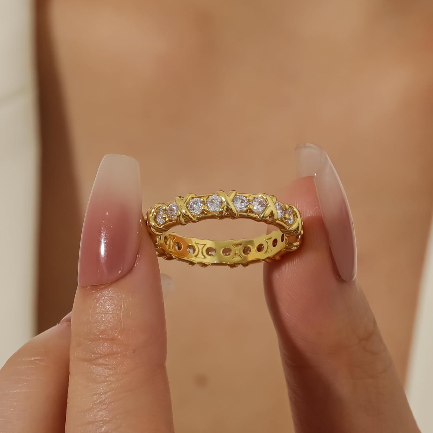 Qitian Gold CZ Wedding Band Rings for Women, Cubic Zirconia Stackable Ring Set, Simulated Diamond 14K Engagement Ring, Thin Stacking Band, Gift for Her - Image 4