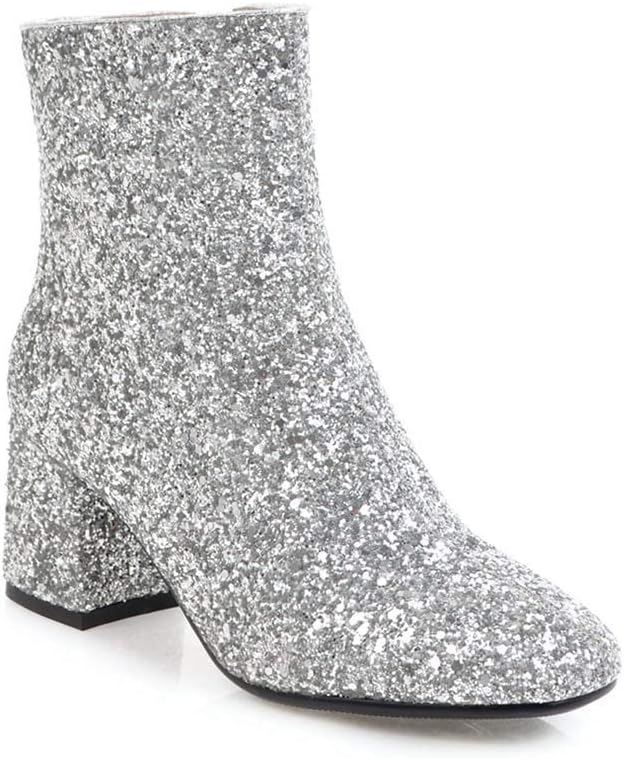 Elyffany Womens Mid Block Heel Glitter Ankle Boots Ladies Zipper Party Prom Booties