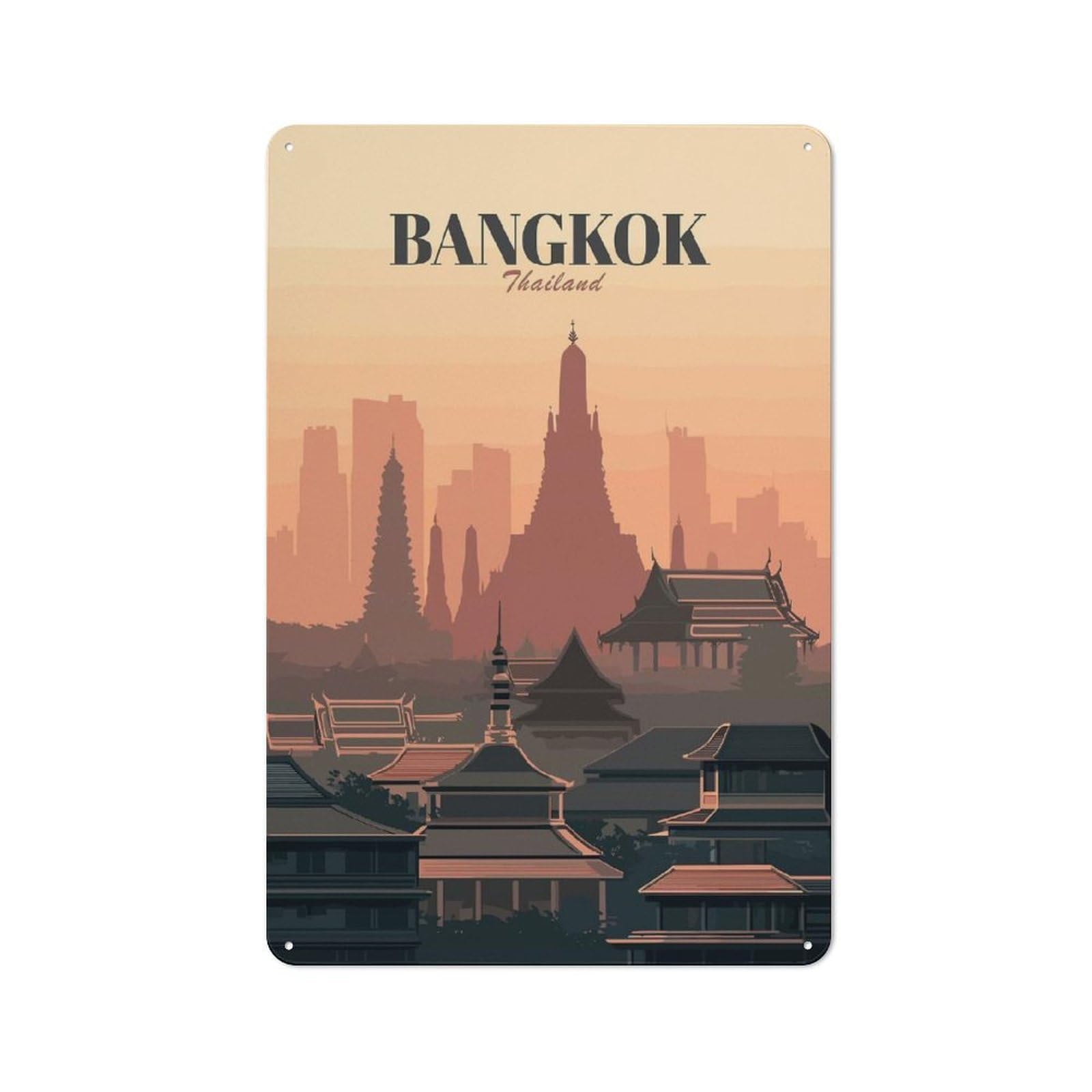 Bangkok Thailand Skyline Illustration Decorative Tin Sign 30x20cm, Distressed Look Vintage Wall Decor for Lounge, Study, Pub Or Wall Gallery
