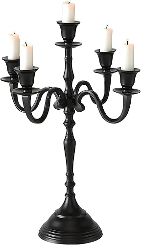 Hamptons - Candelabro de cinco velas, acabado negro rústico, centro de mesa, hecho a mano de níquel de aluminio fundido, más de 1 pie de alto, (15