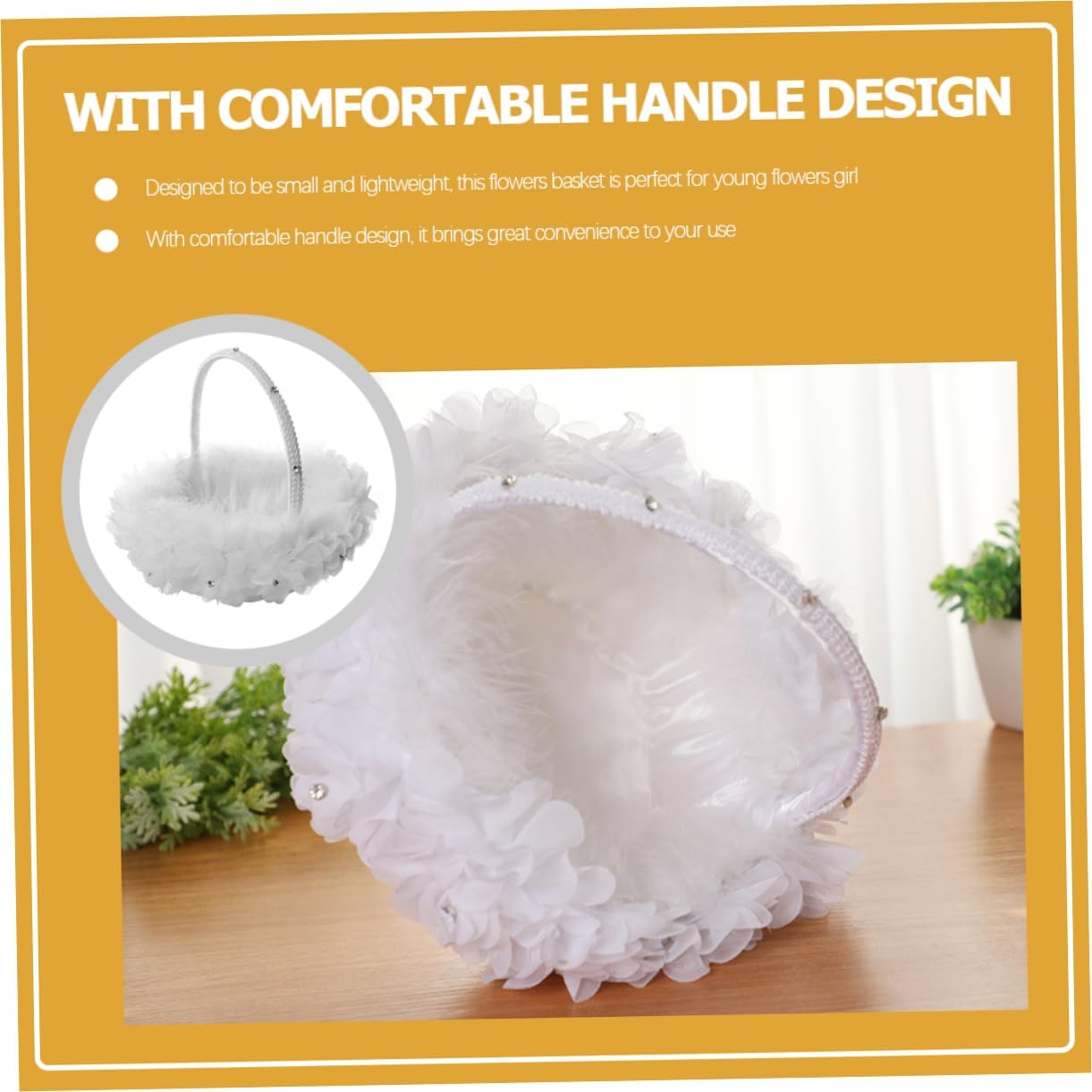 HEMOTON Wedding Flower Girl Basket with Lace Rose Petals, White Floral Basket with Handle for Wedding Ceremony and Party Supplies,