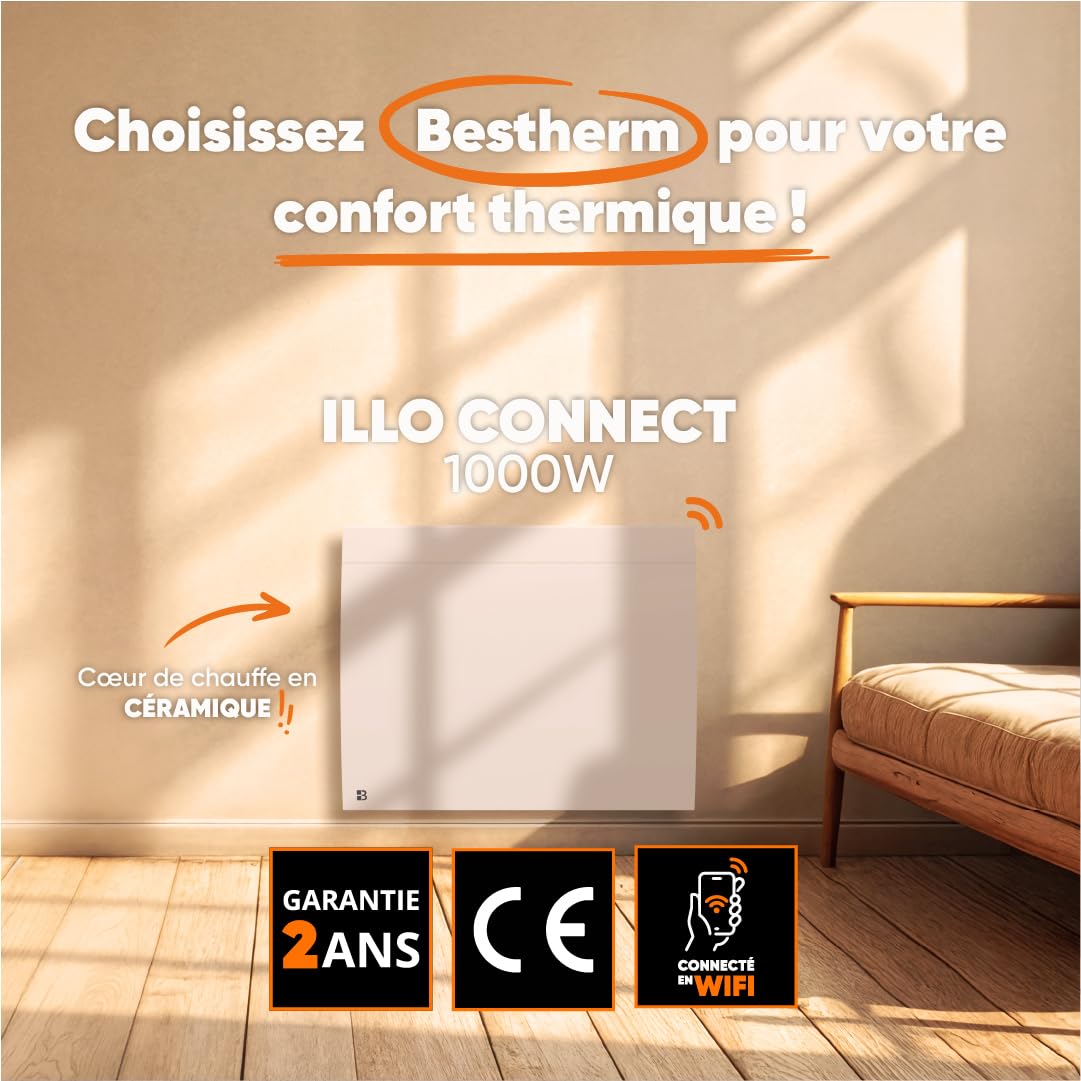 BESTHERM - Stały grzejnik elektryczny podłączony WIFI z ceramiczną suchą bezwładnością 1000 W Bestherm ILLO CONNECT poziomy biały