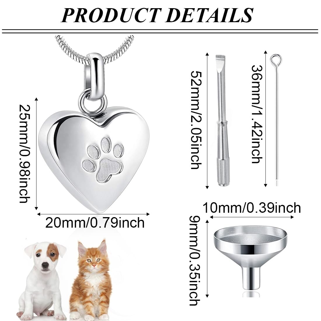 Gioielli Cremazione Animali Domestici Ceneri Ciondolo Stampa Zampa Animali Domestici Collana con Urna Forma Cuore Gioielli Commemorativi per Ceneri di Animali Domestici/Cane/Gatto（Argento）