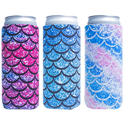 Slim Can Sleeves - Neoprene Bottle Insulator Sleeve Set of 2 Can Beverage Coolers for 12oz Energy Drink & Beer Cans (Fish scale)