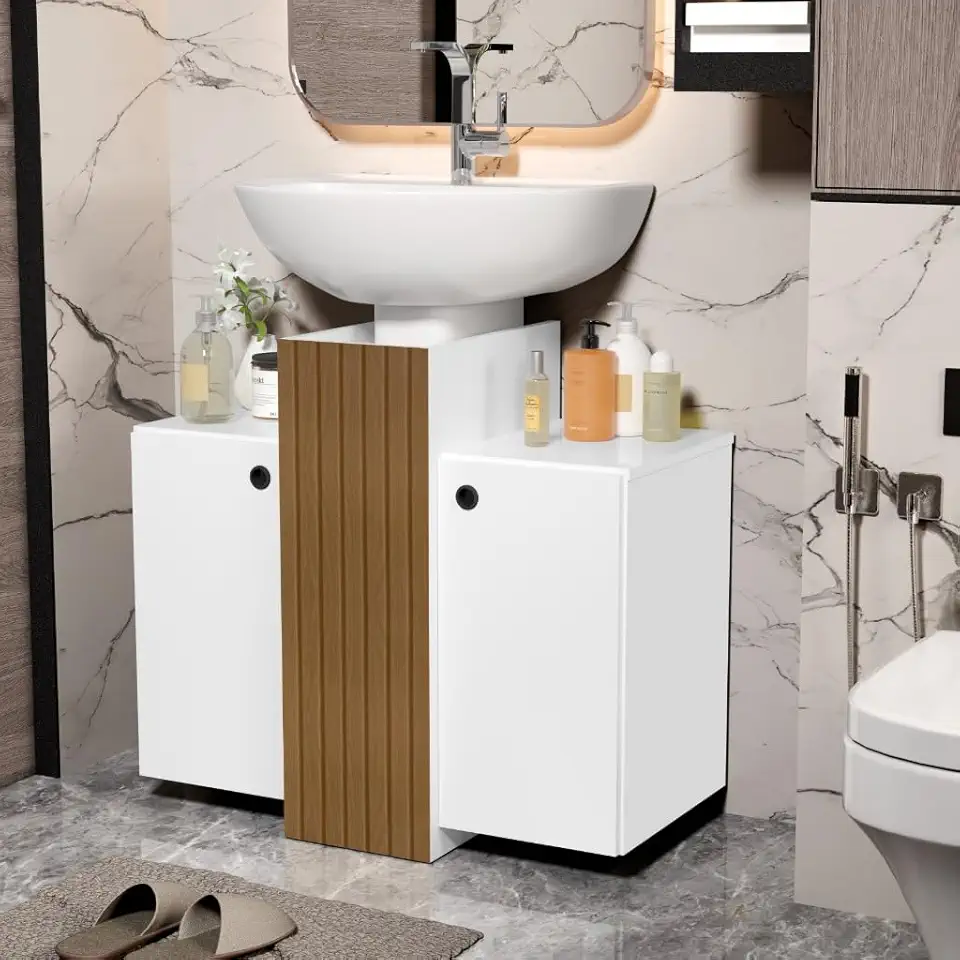 Gabinete Armário Banheiro Pia De Coluna 2 Portas Demeter (Branco/Ripa)