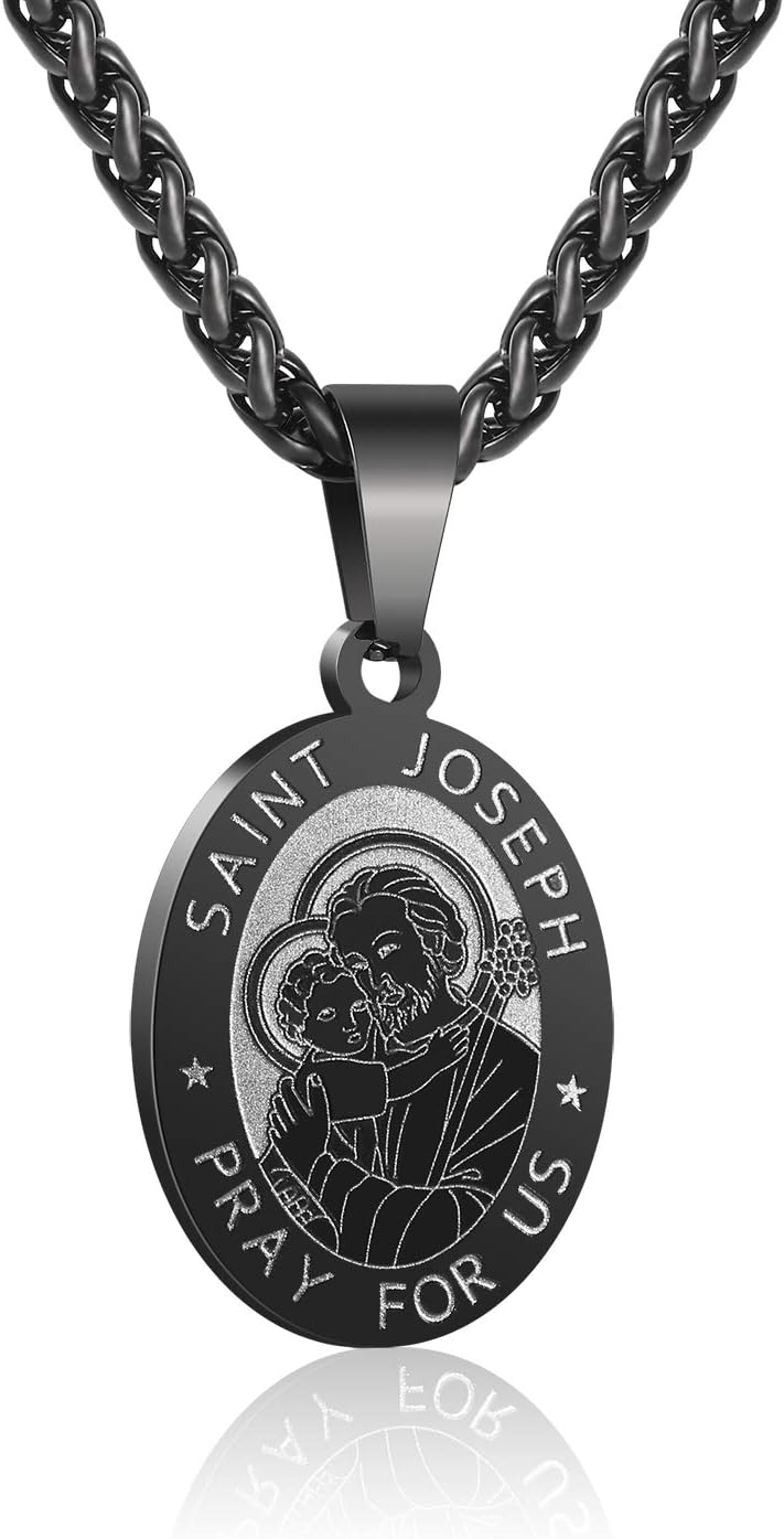 P. BLAKE Oval Saint Christopher/Michael/Joseph/Jude/Virgin Mary/Joseph/Francis/Patrick/Anthony/Benedict/Thomas Necklace for Men Women, Stainless Steel Catholic Patron Pendant with Chain 24 Inches
