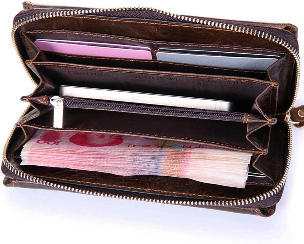 Mn&Sue Men's Cowhide Leather Vintage Long Organizer Trifold Wallet Zip Around Business Clutch Pouch